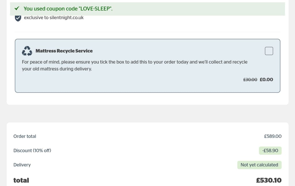 Screenshot of the Silentnight discount code working