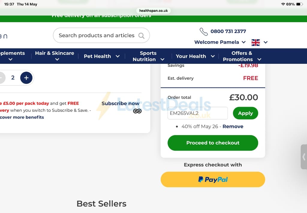Screenshot of the Healthspan discount code working
