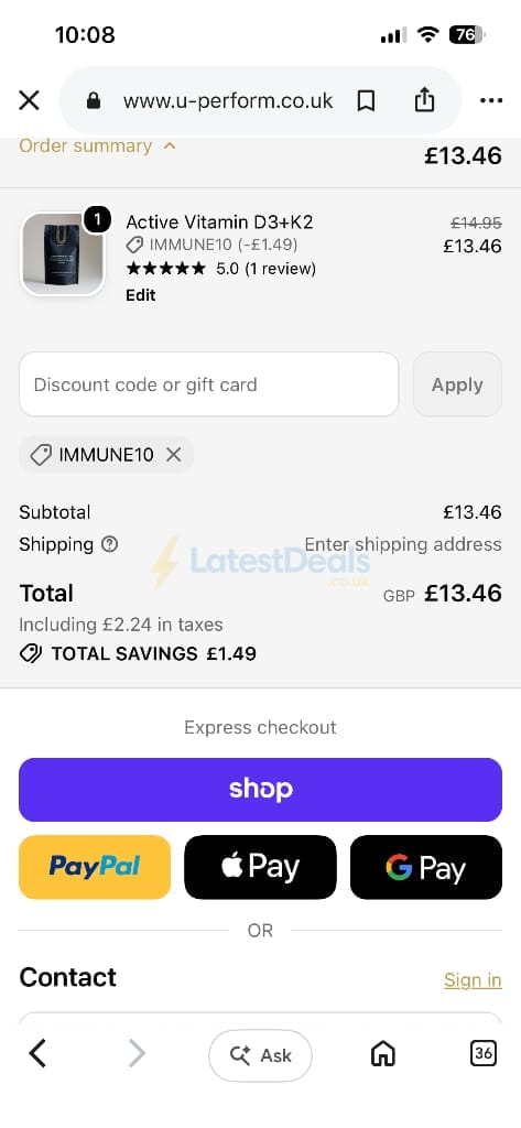 Screenshot of the U Perform discount code working