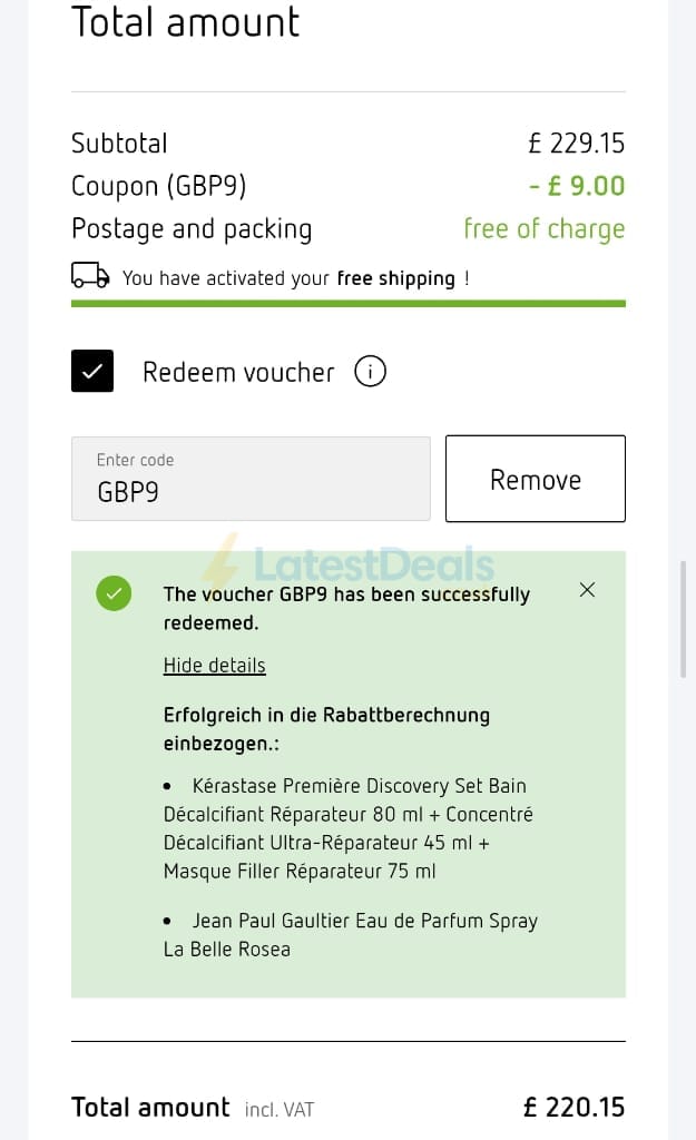 Screenshot of the Parfumdreams discount code working