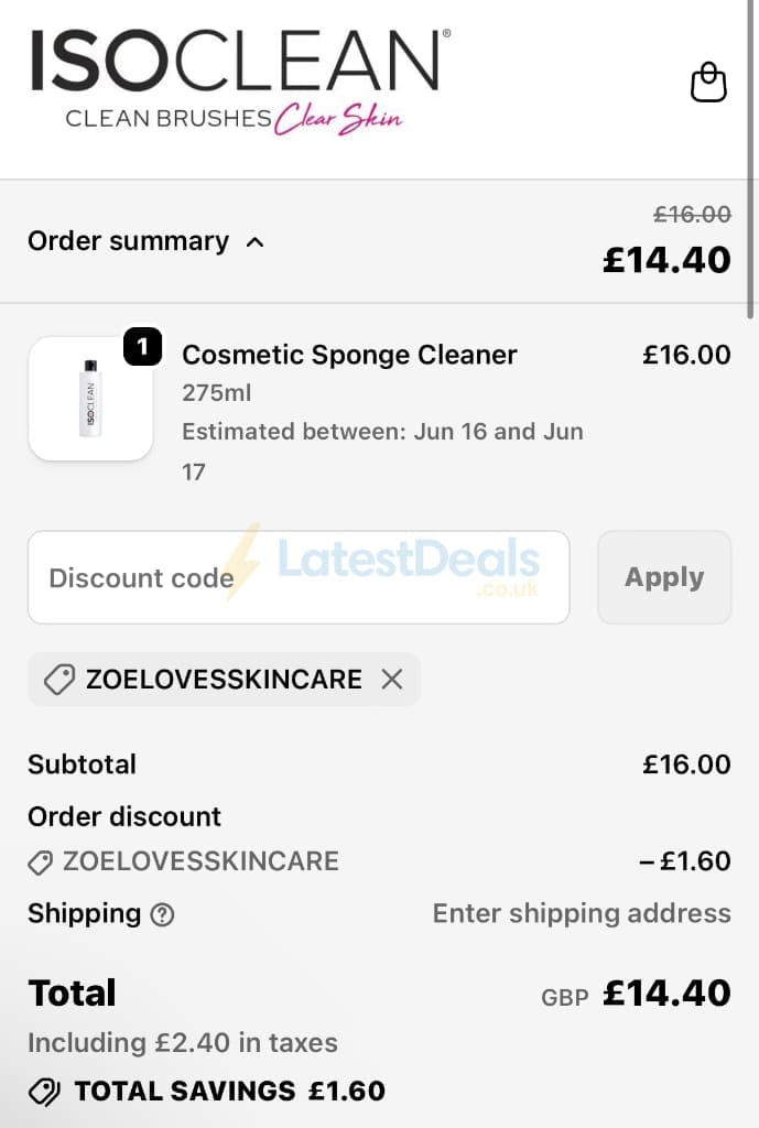 Screenshot of the ISO Clean discount code working