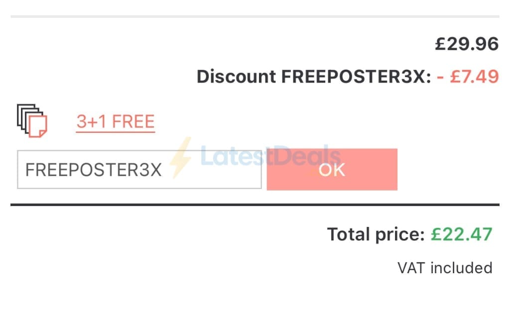 Screenshot of the UKposters discount code working