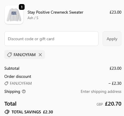 Screenshot of the Fanjoy discount code working