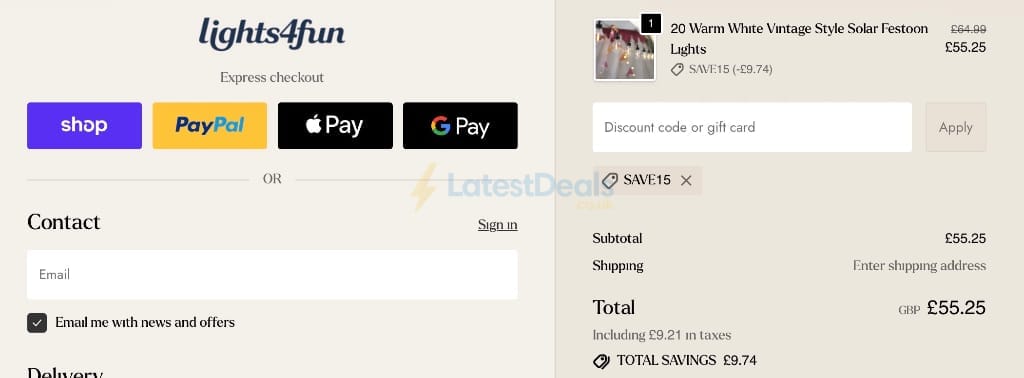 Screenshot of the Lights4fun discount code working