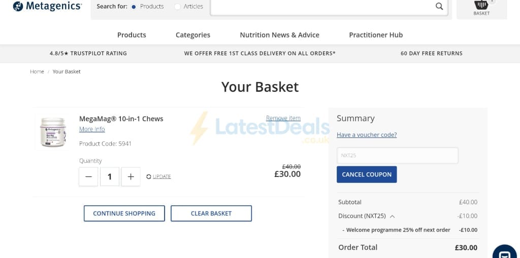 Screenshot of the Metagenics UK discount code working