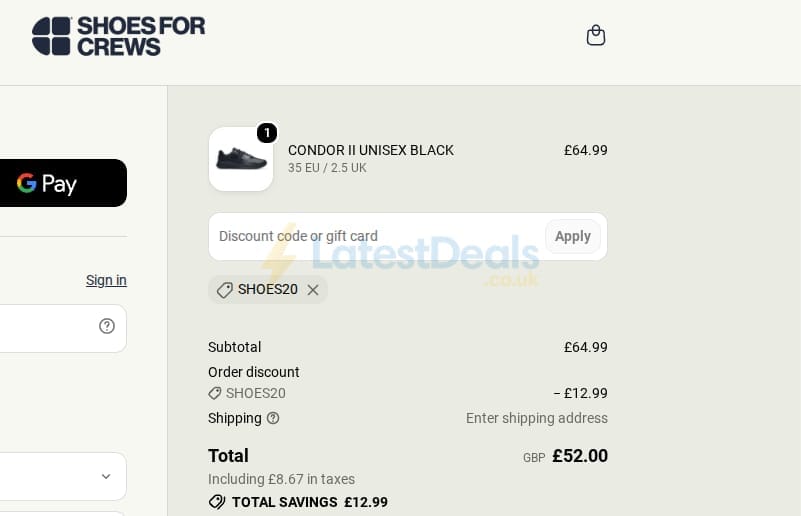 Screenshot of the Shoes For Crews discount code working