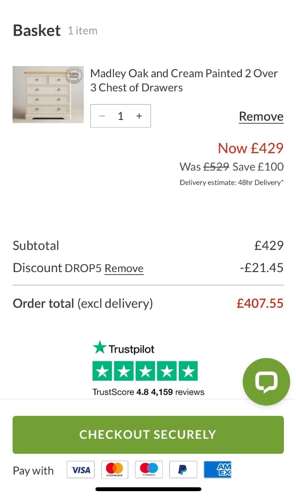 Screenshot of the Oak Furniture Superstore discount code working