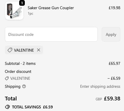 Screenshot of the SAKER discount code working