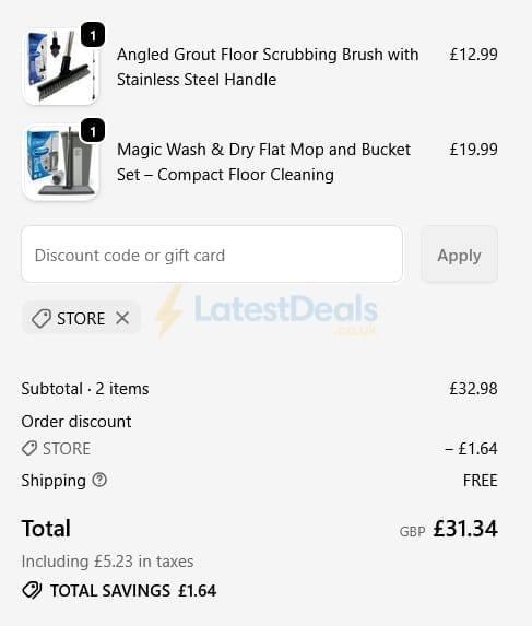 Screenshot of the The Dustpan and Brush Store discount code working