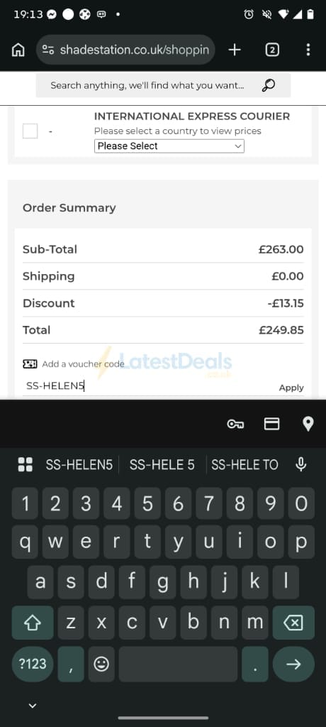 Screenshot of the Shade Station discount code working