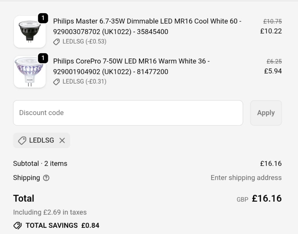 Screenshot of the LED Bulbs discount code working
