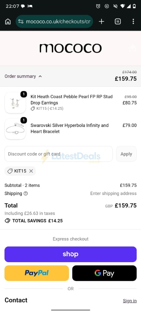 Screenshot of the Mococo discount code working