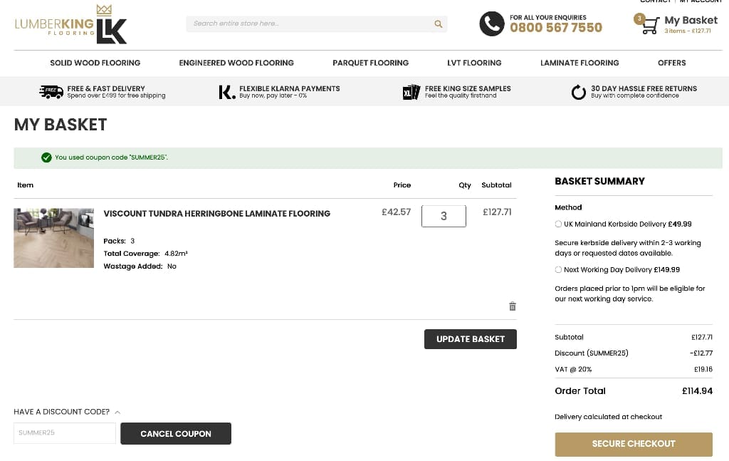 Screenshot of the Lumber King Flooring discount code working