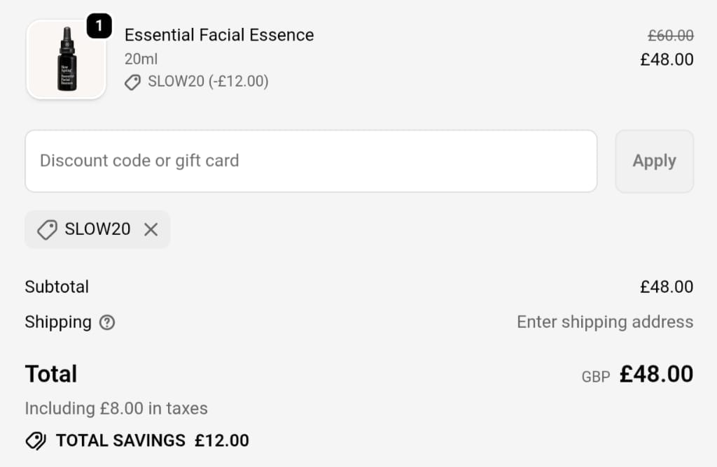 Screenshot of the Slow Ageing discount code working