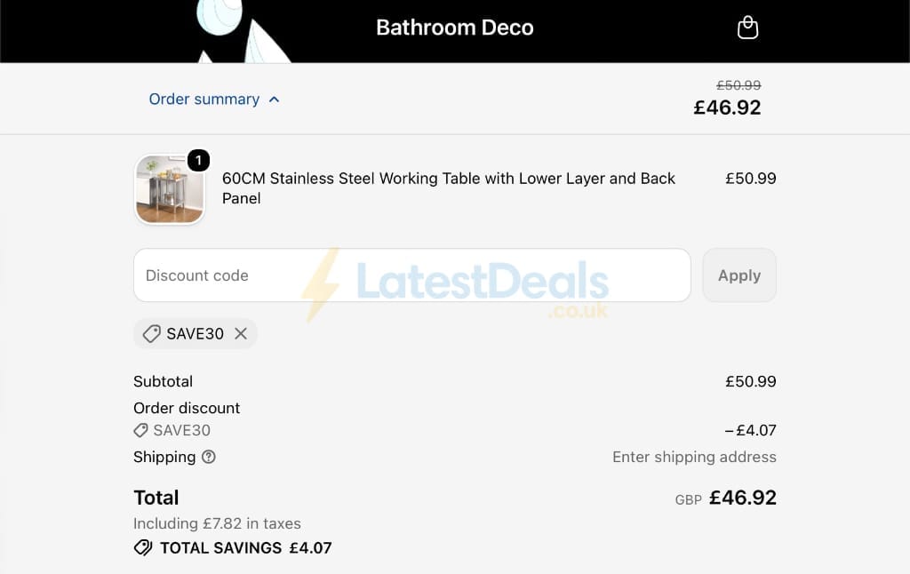 Screenshot of the Bathroom Deco discount code working