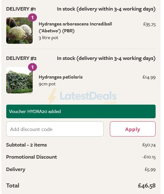 Screenshot of the RHS Plants discount code working