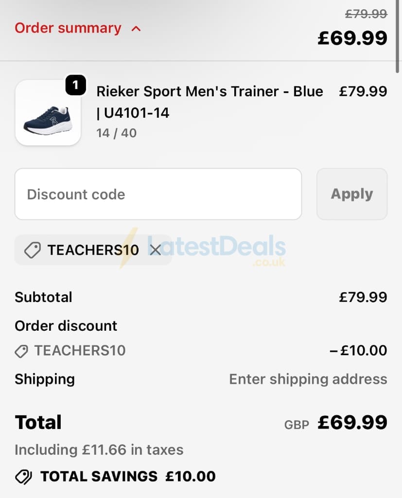 Screenshot of the Rieker discount code working