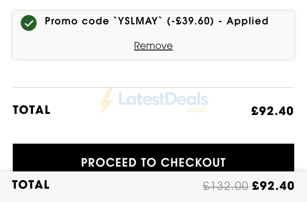 Screenshot of the Yves Saint Laurent discount code working