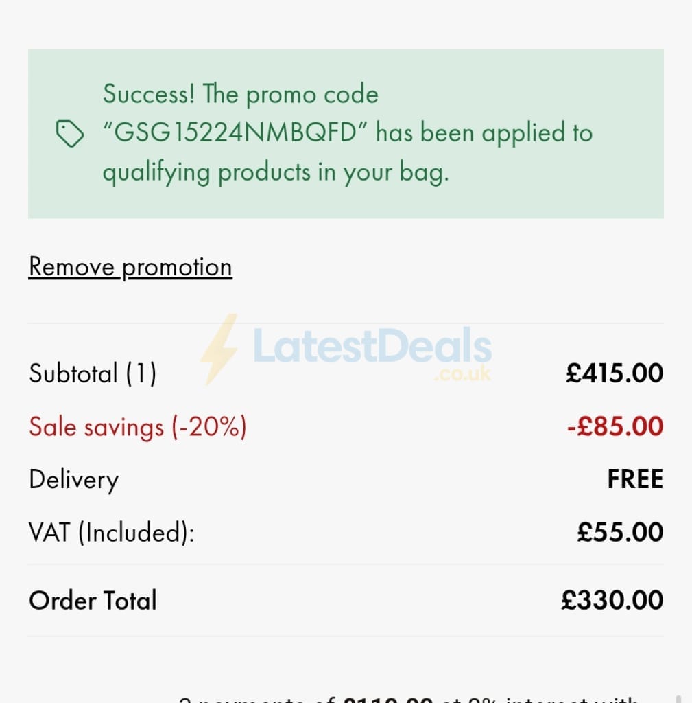 Screenshot of the Goldsmiths discount code working