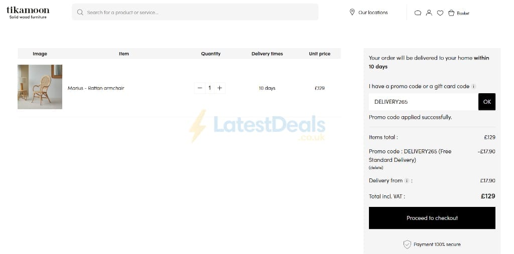 Screenshot of the Tikamoon discount code working