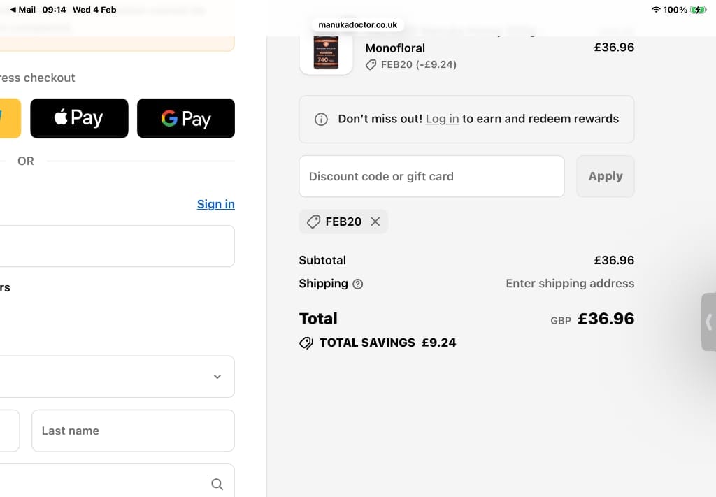 Screenshot of the Manuka Doctor discount code working