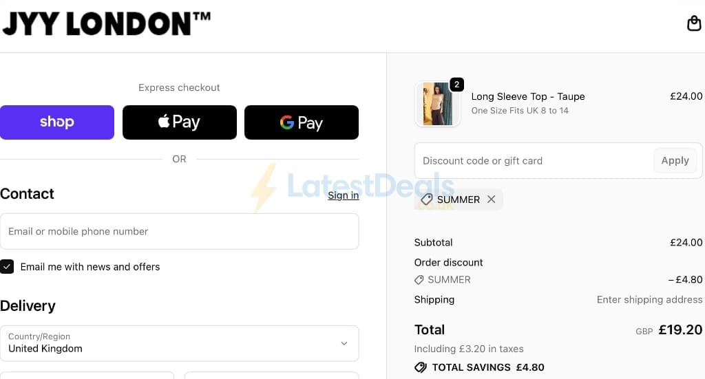 Screenshot of the JYY London discount code working