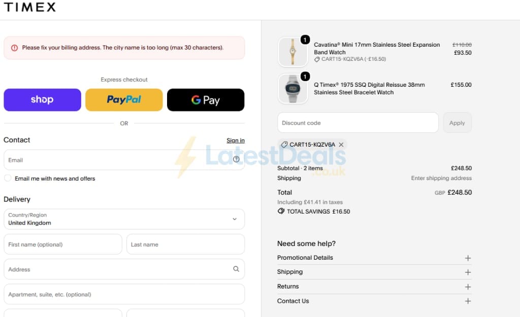 Screenshot of the Timex discount code working