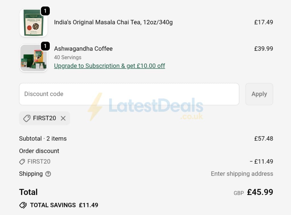 Screenshot of the Vahdam Teas discount code working