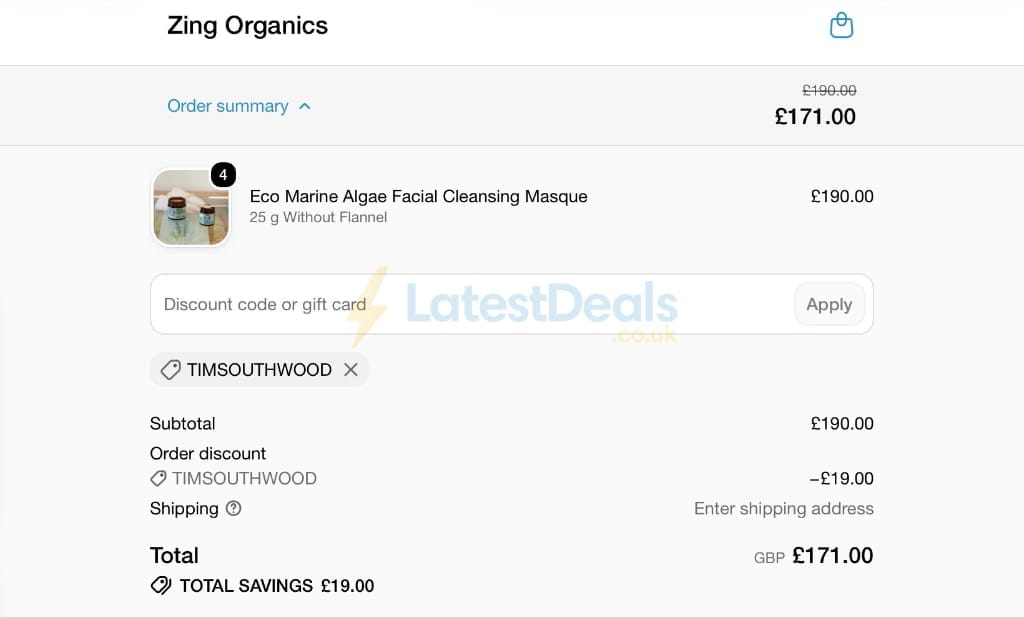 Screenshot of the Zing Organics discount code working