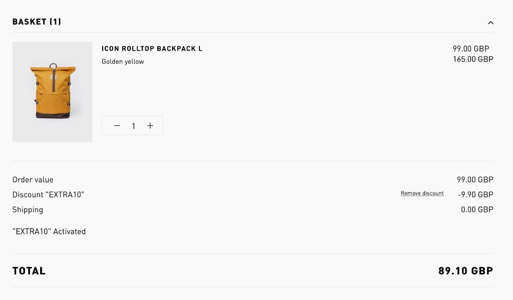 Screenshot of the Sandqvist discount code working