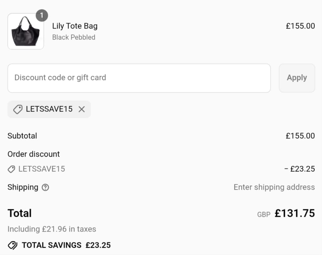 Screenshot of the LRM Goods discount code working