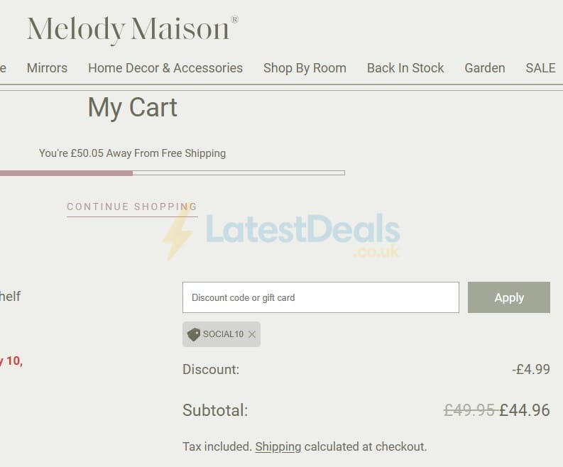 Screenshot of the Melody Maison discount code working