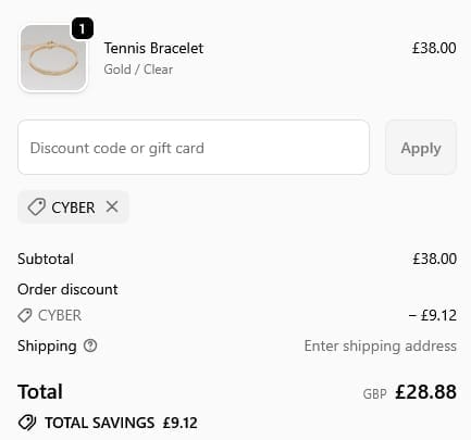 Screenshot of the Prya discount code working
