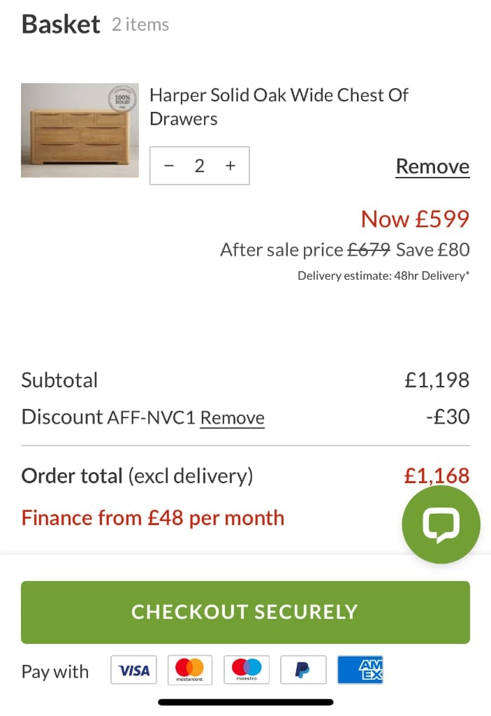 Screenshot of the Oak Furniture Superstore discount code working
