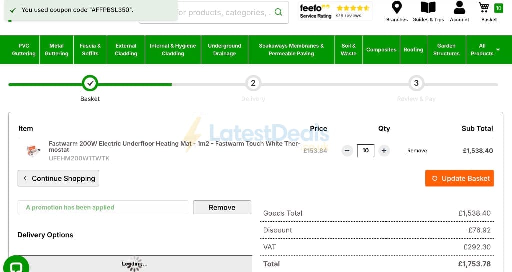 Screenshot of the Professional Building Supplies discount code working