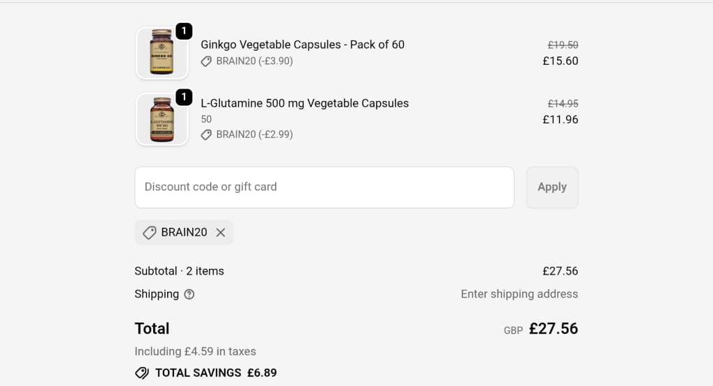 Screenshot of the Solgar discount code working