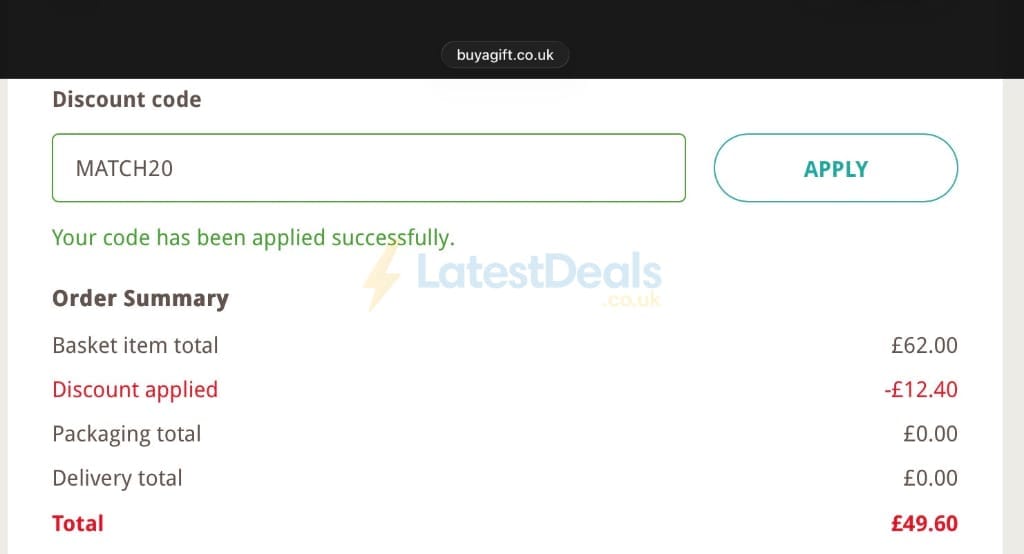 Screenshot of the Buyagift discount code working