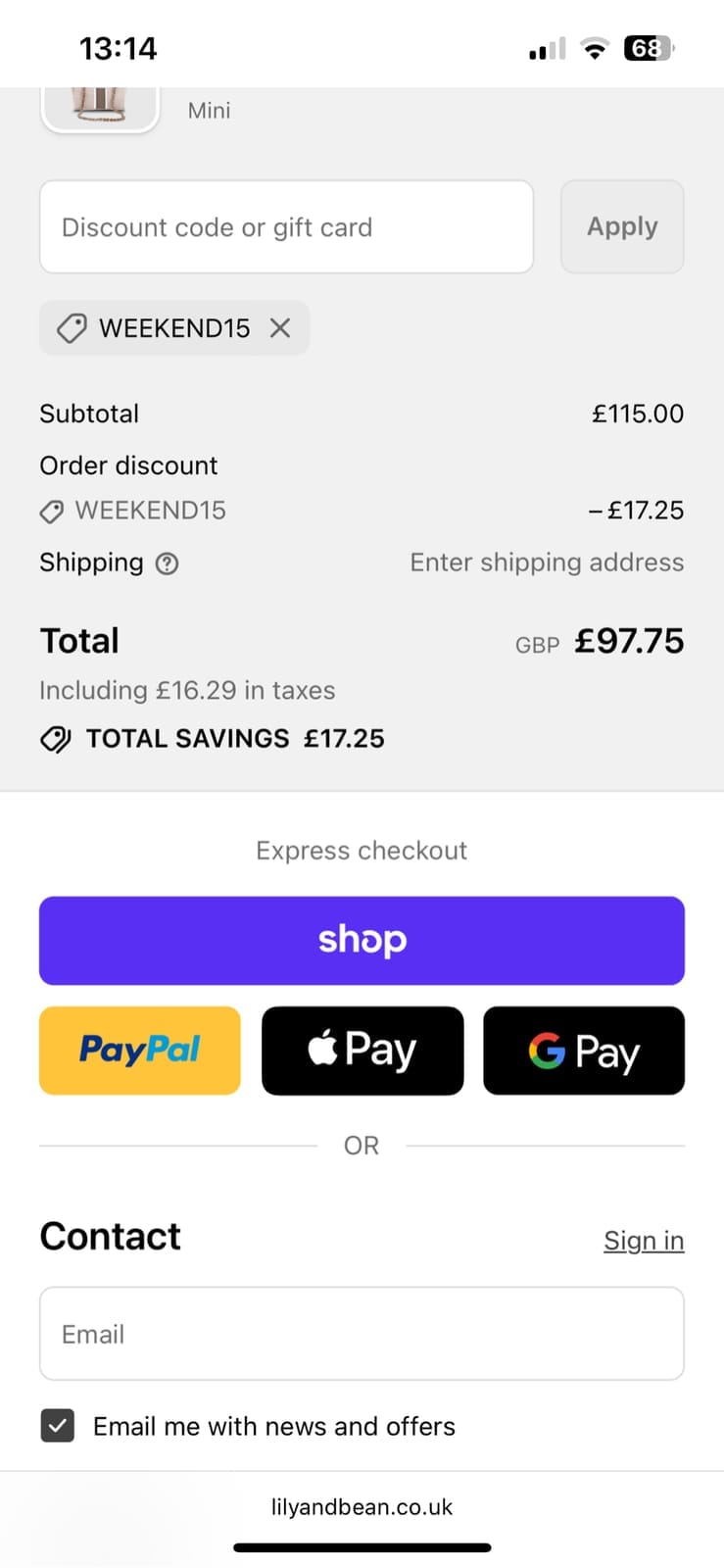 Screenshot of the Lily and Bean discount code working