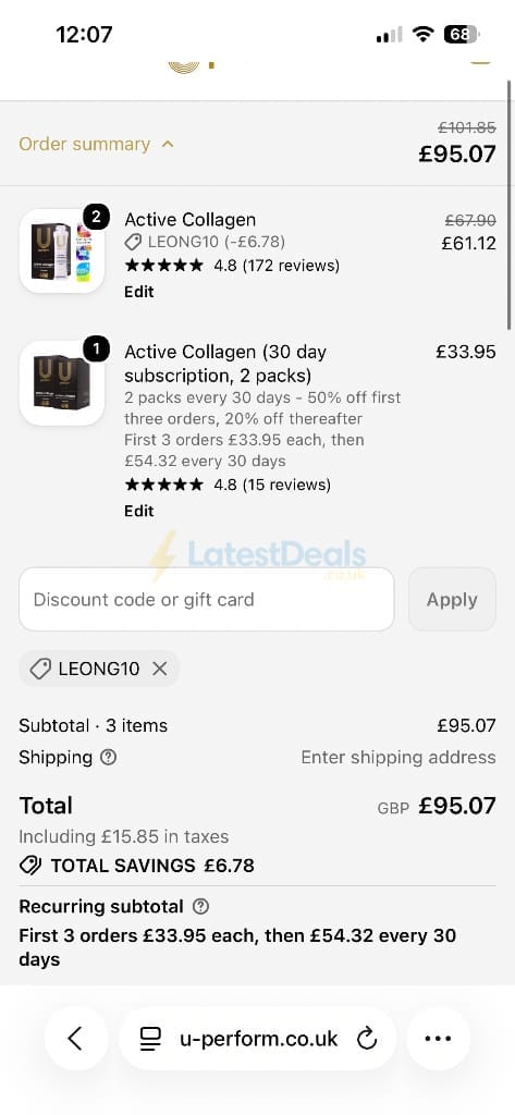 Screenshot of the U Perform discount code working