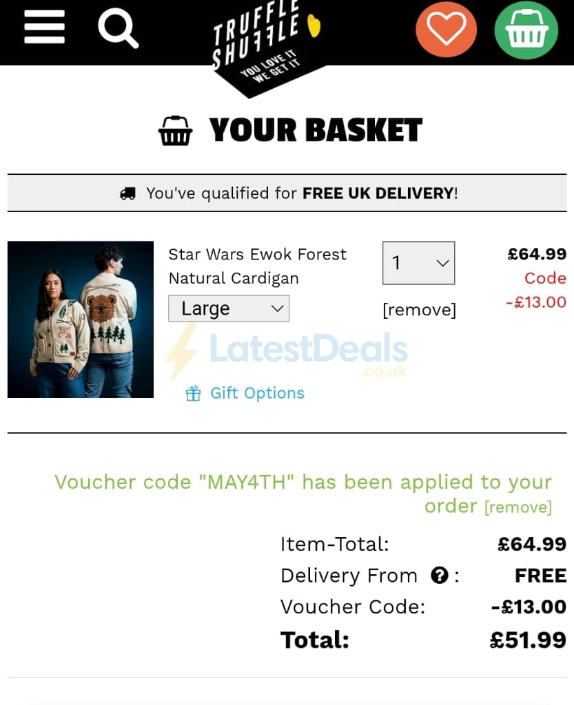 Screenshot of the TruffleShuffle discount code working