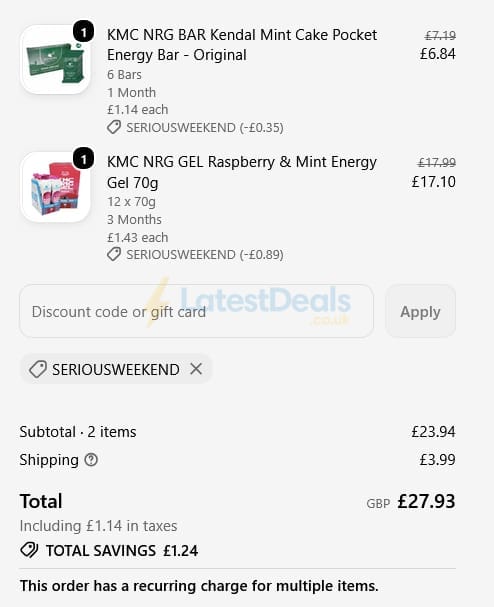 Screenshot of the Kendal Mint Co. discount code working