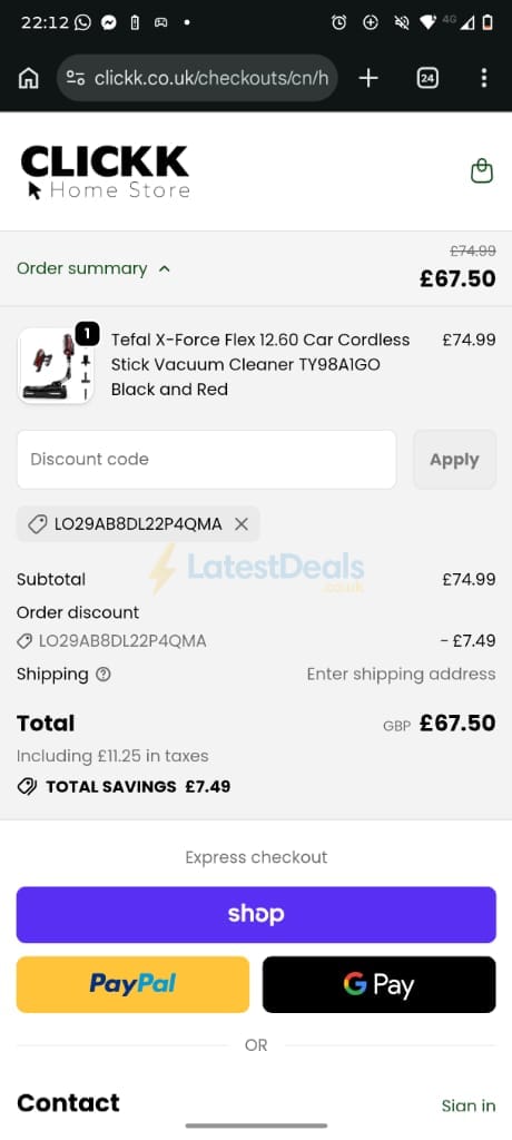 Screenshot of the CLICKK Home Store discount code working