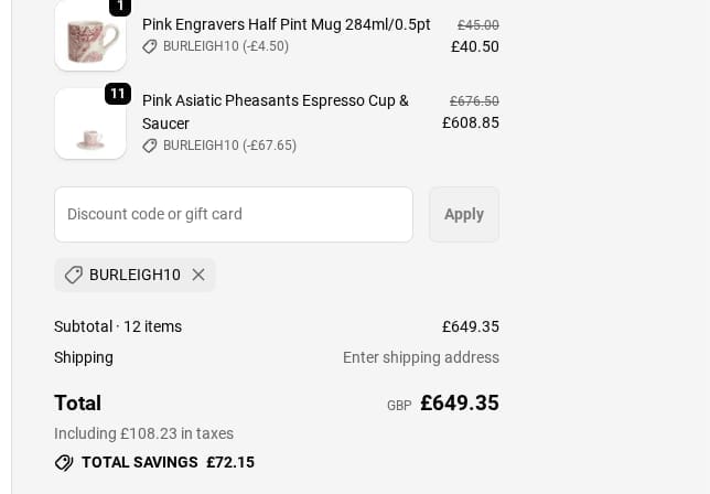 Screenshot of the Burleigh discount code working