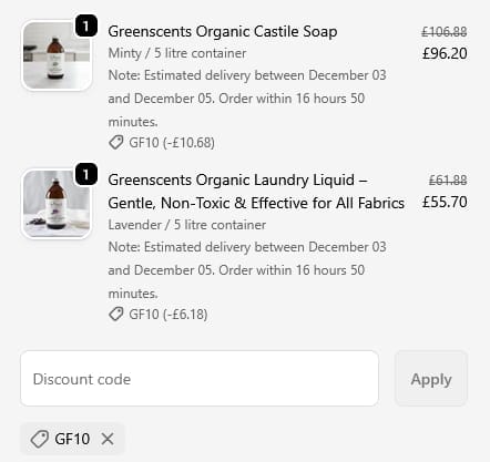 Screenshot of the Greenscents discount code working