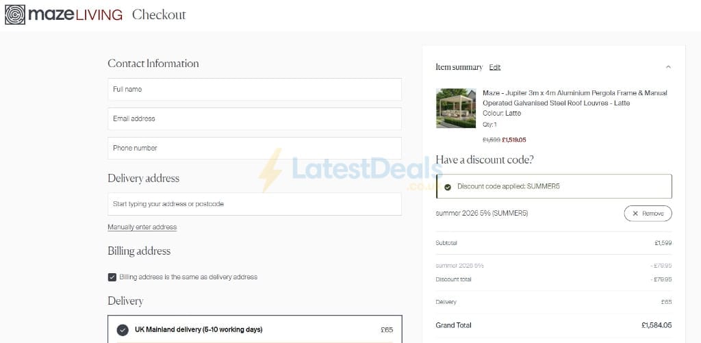 Screenshot of the Maze Living discount code working