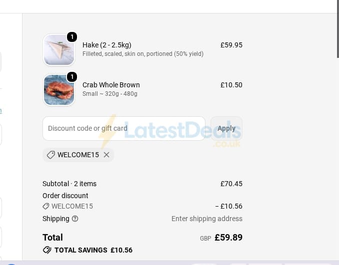 Screenshot of the The Cornish Fishmonger discount code working