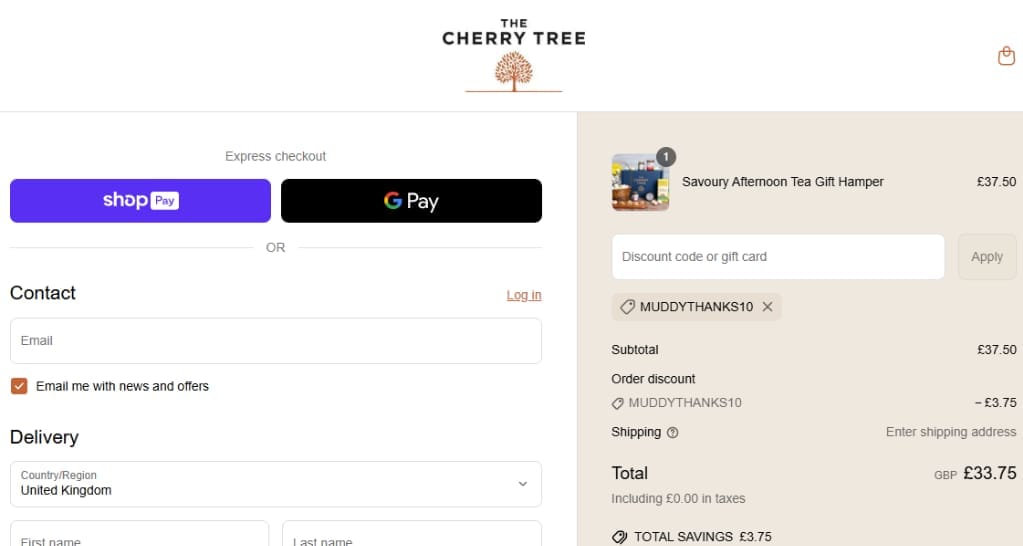 Screenshot of the The Cherry Tree discount code working