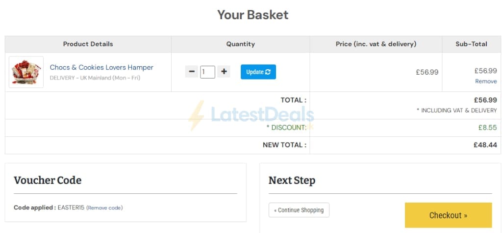 Screenshot of the Hampergifts discount code working