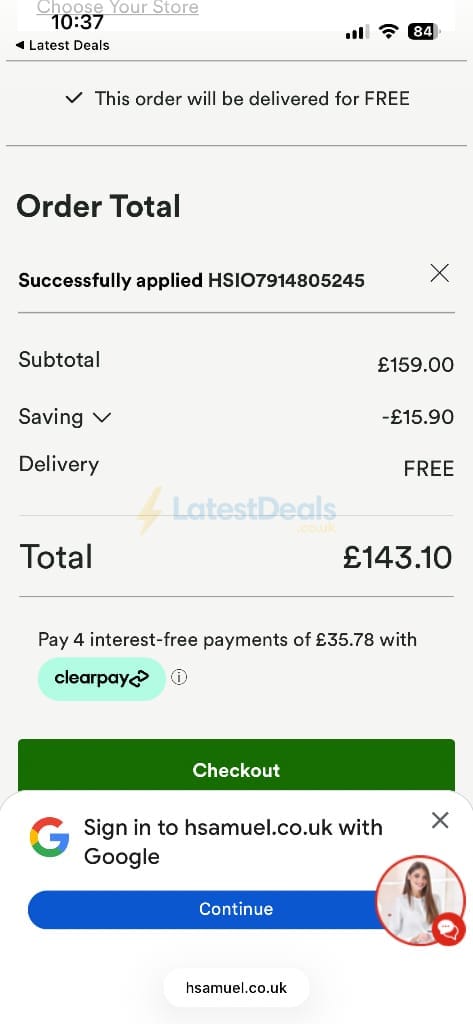 Screenshot of the H Samuel discount code working