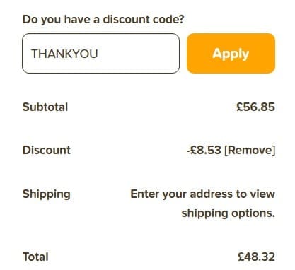 Screenshot of the The Cornish Hamper Store discount code working